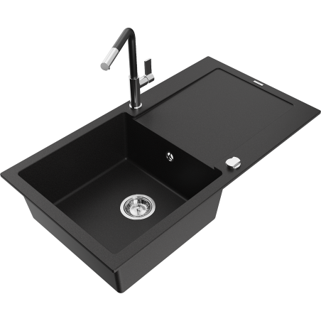 Mexen Leo zlewozmywak granitowy 1-komorowy z ociekaczem i baterią kuchenną Flora, czarny - 6501-77-670401-07