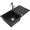 Mexen Leo zlewozmywak granitowy 1-komorowy z ociekaczem i baterią kuchenną Flora, czarny - 6501-77-670401-07