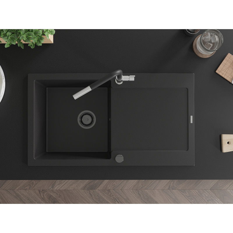 Mexen Leo zlewozmywak granitowy 1-komorowy z ociekaczem i baterią kuchenną Flora, czarny - 6501-77-670401-07-B