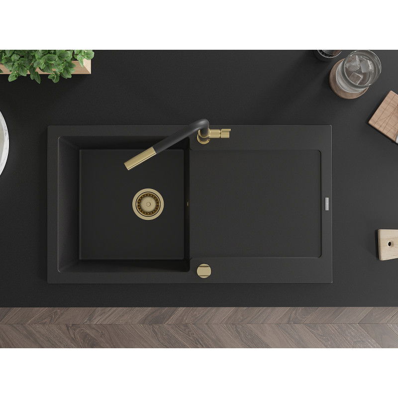Mexen Leo zlewozmywak granitowy 1-komorowy z ociekaczem i baterią kuchenną Flora, czarny - 6501-77-670401-57-G