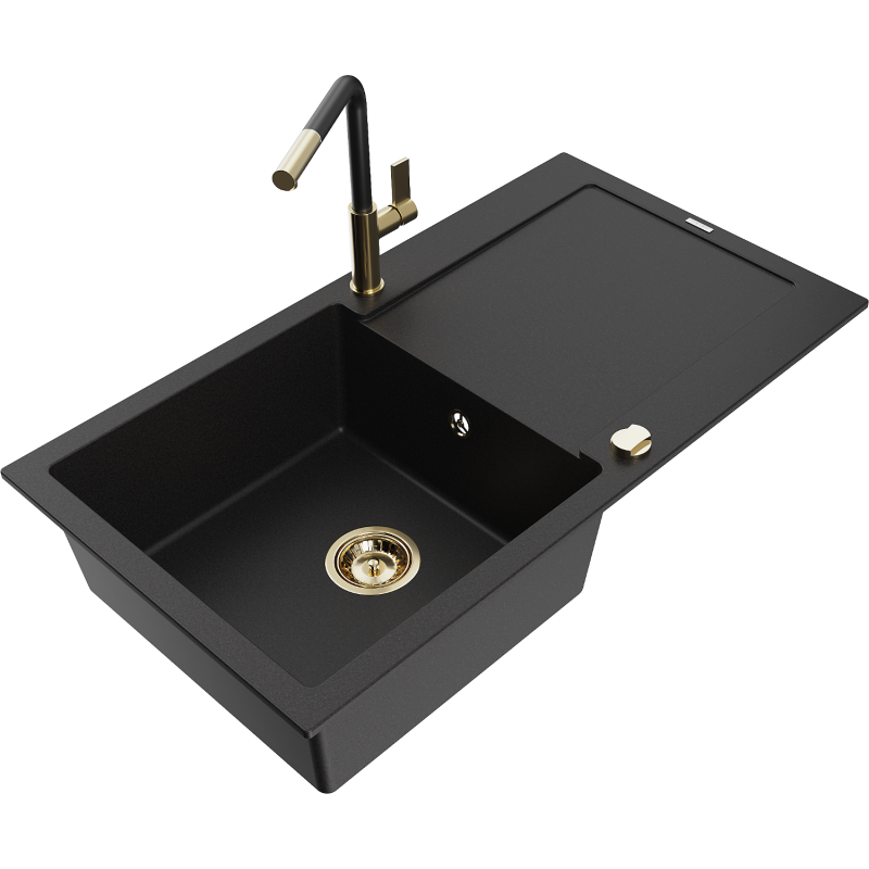 Mexen Leo zlewozmywak granitowy 1-komorowy z ociekaczem i baterią kuchenną Flora, czarny - 6501-77-670401-57-G