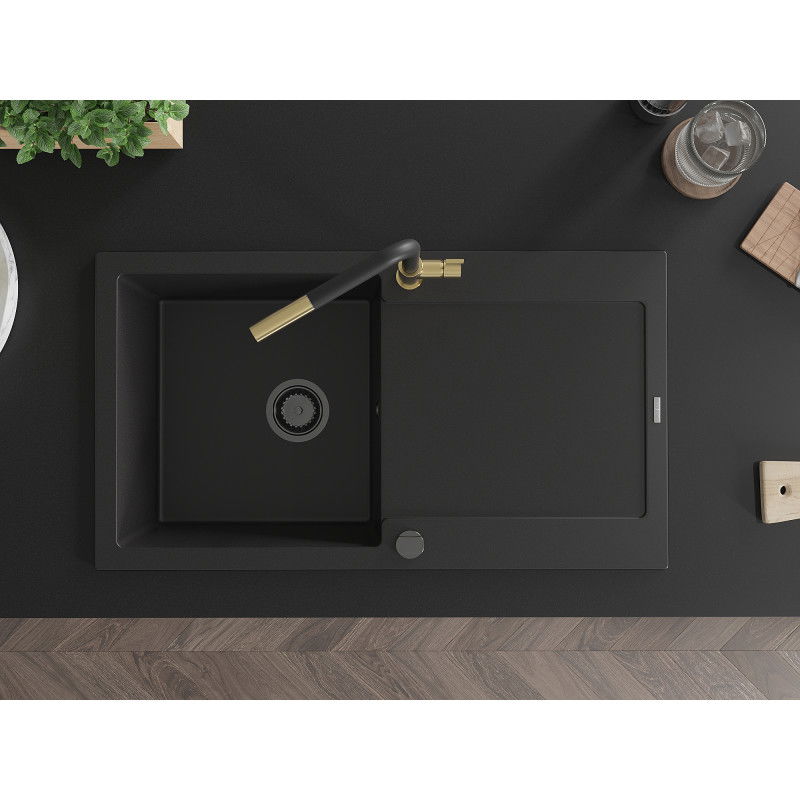 Mexen Leo zlewozmywak granitowy 1-komorowy z ociekaczem i baterią kuchenną Flora, czarny - 6501-77-670401-57-B