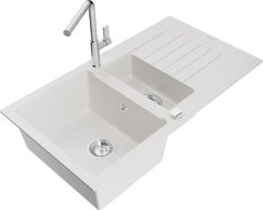 Mexen Matias zlewozmywak granitowy 1,5-komorowy z ociekaczem i baterią kuchenną Flora, biały - 6502-20-670401-00