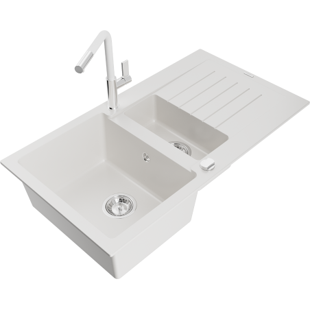 Mexen Matias zlewozmywak granitowy 1,5-komorowy z ociekaczem i baterią kuchenną Flora, biały - 6502-20-670401-02