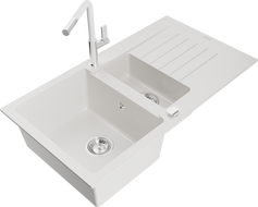 Mexen Matias zlewozmywak granitowy 1,5-komorowy z ociekaczem i baterią kuchenną Flora, biały - 6502-20-670401-02