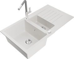 Mexen Matias zlewozmywak granitowy 1,5-komorowy z ociekaczem i baterią kuchenną Flora, biały - 6502-20-670401-06