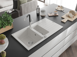 Mexen Matias zlewozmywak granitowy 1,5-komorowy z ociekaczem i baterią kuchenną Flora, biały - 6502-20-670401-07