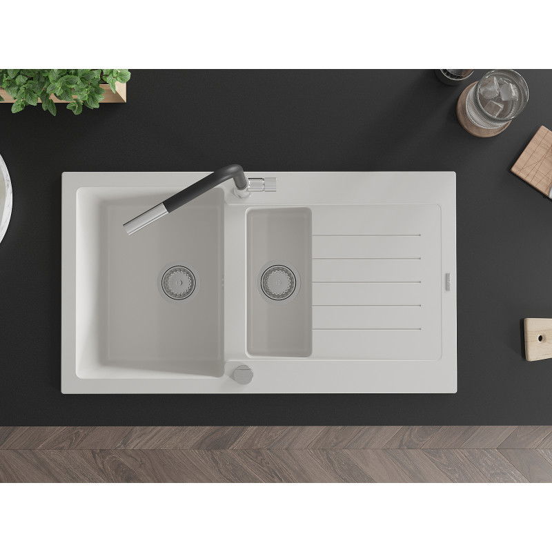Mexen Matias zlewozmywak granitowy 1,5-komorowy z ociekaczem i baterią kuchenną Flora, biały - 6502-20-670401-07