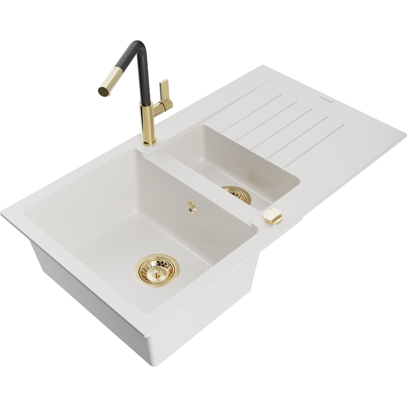 Mexen Matias zlewozmywak granitowy 1,5-komorowy z ociekaczem i baterią kuchenną Flora, biały - 6502-20-670401-57-G