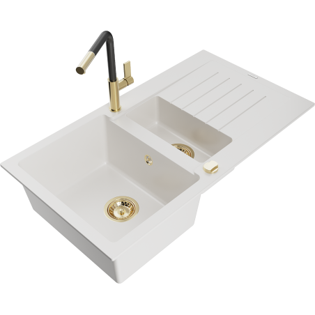 Mexen Matias zlewozmywak granitowy 1,5-komorowy z ociekaczem i baterią kuchenną Flora, biały - 6502-20-670401-57-G