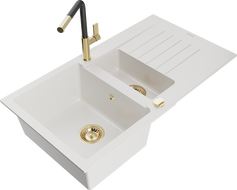 Mexen Matias zlewozmywak granitowy 1,5-komorowy z ociekaczem i baterią kuchenną Flora, biały - 6502-20-670401-57-G