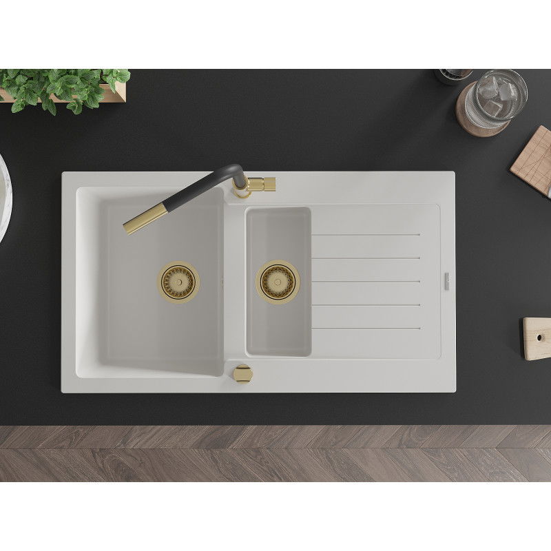 Mexen Matias zlewozmywak granitowy 1,5-komorowy z ociekaczem i baterią kuchenną Flora, biały - 6502-20-670401-57-G