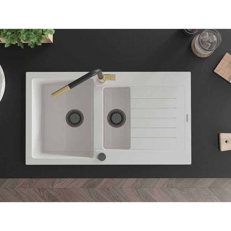 Mexen Matias zlewozmywak granitowy 1,5-komorowy z ociekaczem i baterią kuchenną Flora, biały - 6502-20-670401-57-B