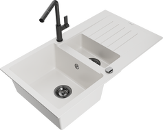 Mexen Matias zlewozmywak granitowy 1,5-komorowy z ociekaczem i baterią kuchenną Flora, biały - 6502-20-670401-70-B