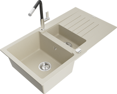 Mexen Matias zlewozmywak granitowy 1,5-komorowy z ociekaczem i baterią kuchenną Flora, beżowy - 6502-69-670401-07