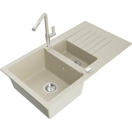 Mexen Matias zlewozmywak granitowy 1,5-komorowy z ociekaczem i baterią kuchenną Flora, beżowy - 6502-69-670401-09