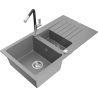 Mexen Matias zlewozmywak granitowy 1,5-komorowy z ociekaczem i baterią kuchenną Flora, szary - 6502-71-670401-07