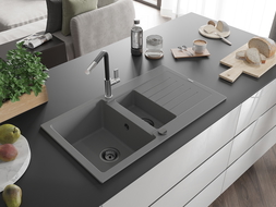 Mexen Matias zlewozmywak granitowy 1,5-komorowy z ociekaczem i baterią kuchenną Flora, szary - 6502-71-670401-07-B