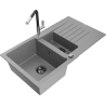 Mexen Matias zlewozmywak granitowy 1,5-komorowy z ociekaczem i baterią kuchenną Flora, szary - 6502-71-670401-07-B