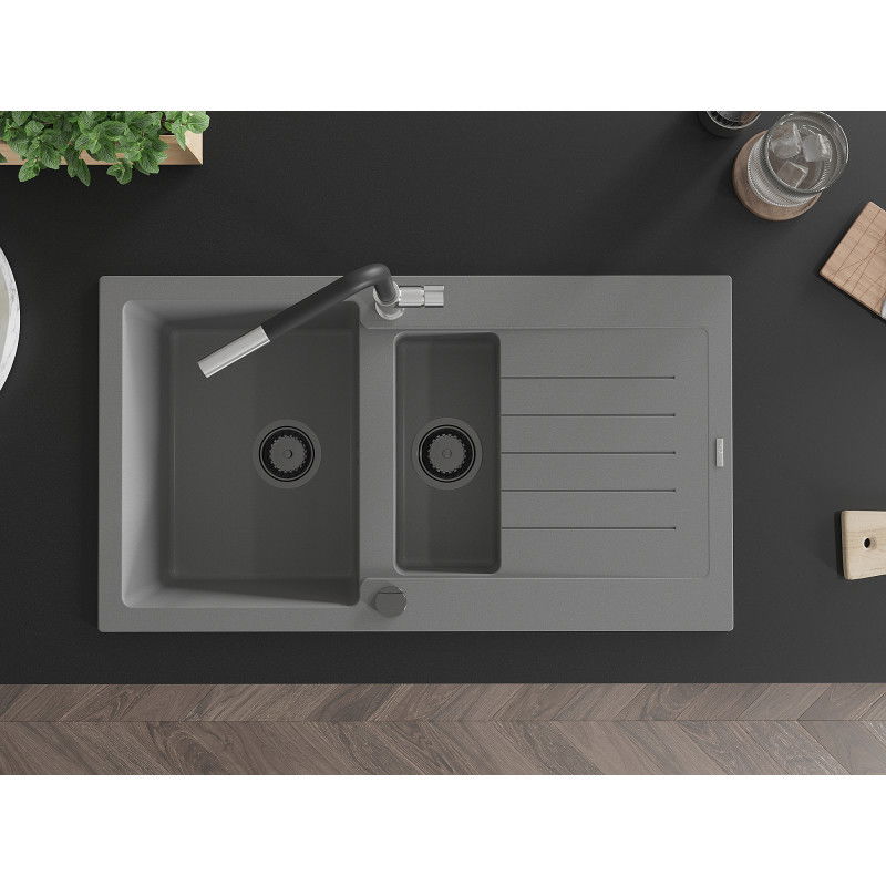 Mexen Matias zlewozmywak granitowy 1,5-komorowy z ociekaczem i baterią kuchenną Flora, szary - 6502-71-670401-07-B