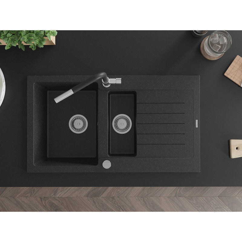Mexen Matias zlewozmywak granitowy 1,5-komorowy z ociekaczem i baterią kuchenną Flora, czarny/srebrny - 6502-73-670401-07