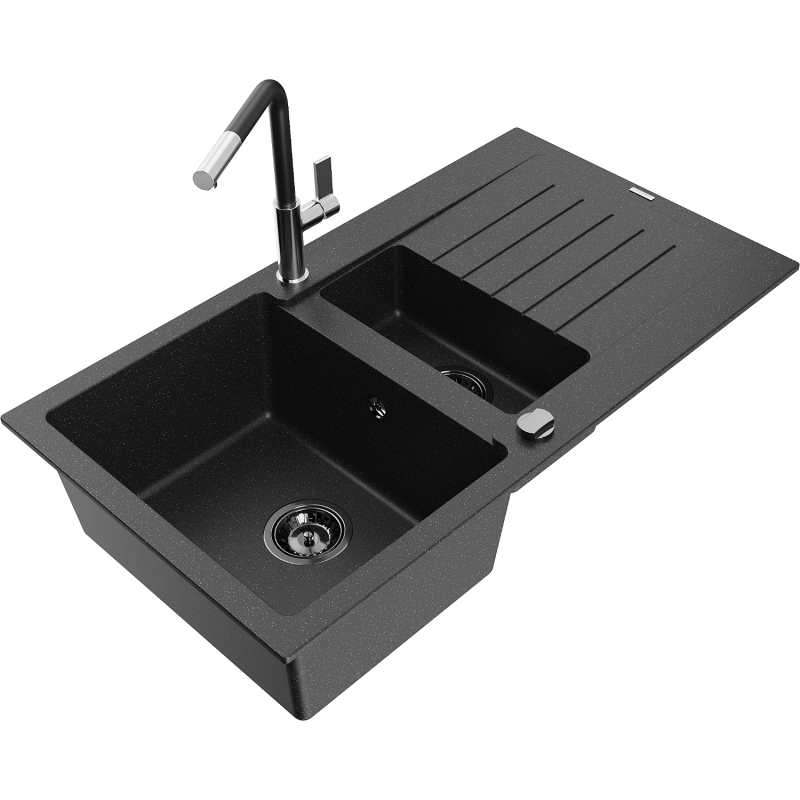 Mexen Matias zlewozmywak granitowy 1,5-komorowy z ociekaczem i baterią kuchenną Flora, czarny/srebrny - 6502-73-670401-07-B
