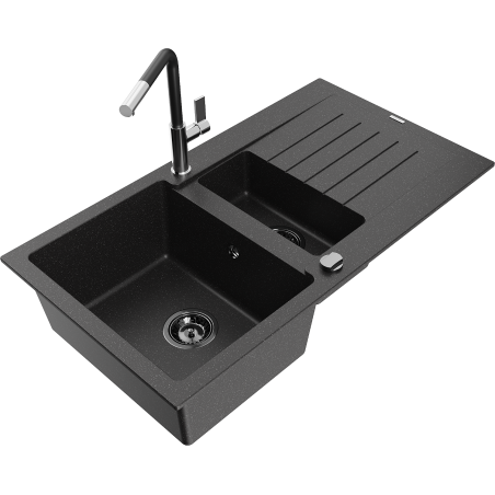 Mexen Matias zlewozmywak granitowy 1,5-komorowy z ociekaczem i baterią kuchenną Flora, czarny/srebrny - 6502-73-670401-07-B