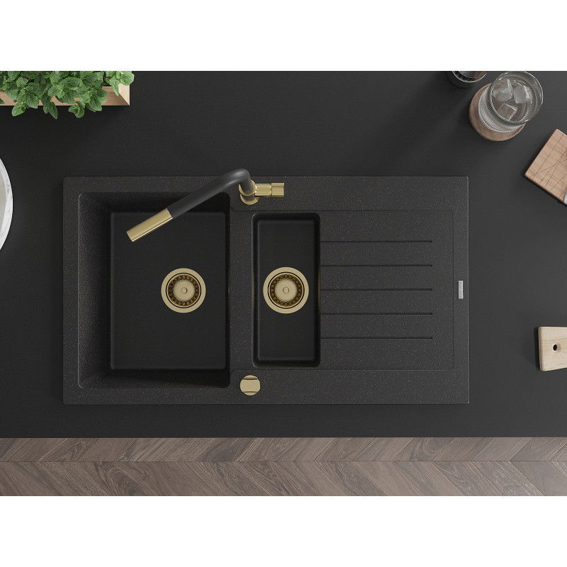 Mexen Matias zlewozmywak granitowy 1,5-komorowy z ociekaczem i baterią kuchenną Flora, czarny/srebrny - 6502-73-670401-57-G