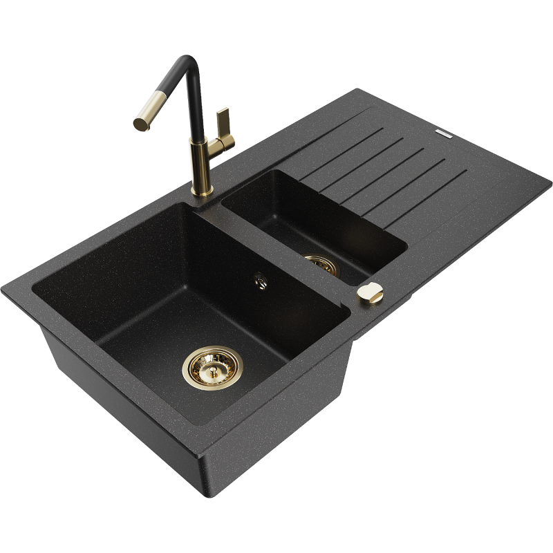 Mexen Matias zlewozmywak granitowy 1,5-komorowy z ociekaczem i baterią kuchenną Flora, czarny/srebrny - 6502-73-670401-57-G