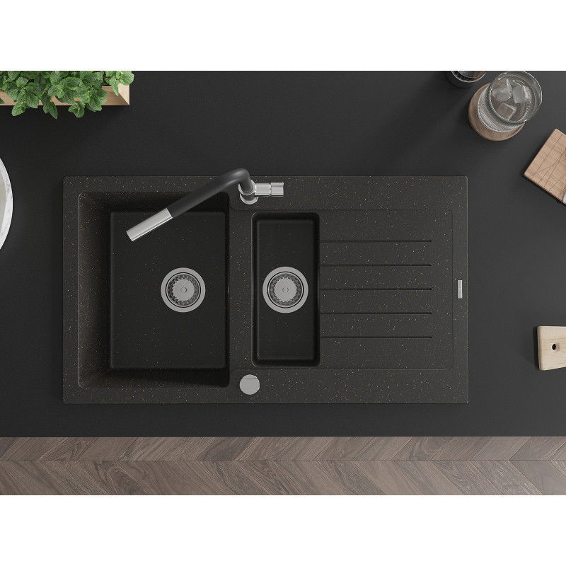 Mexen Matias zlewozmywak granitowy 1,5-komorowy z ociekaczem i baterią kuchenną Flora, czarny/złoty metalik - 6502-75-670401-07