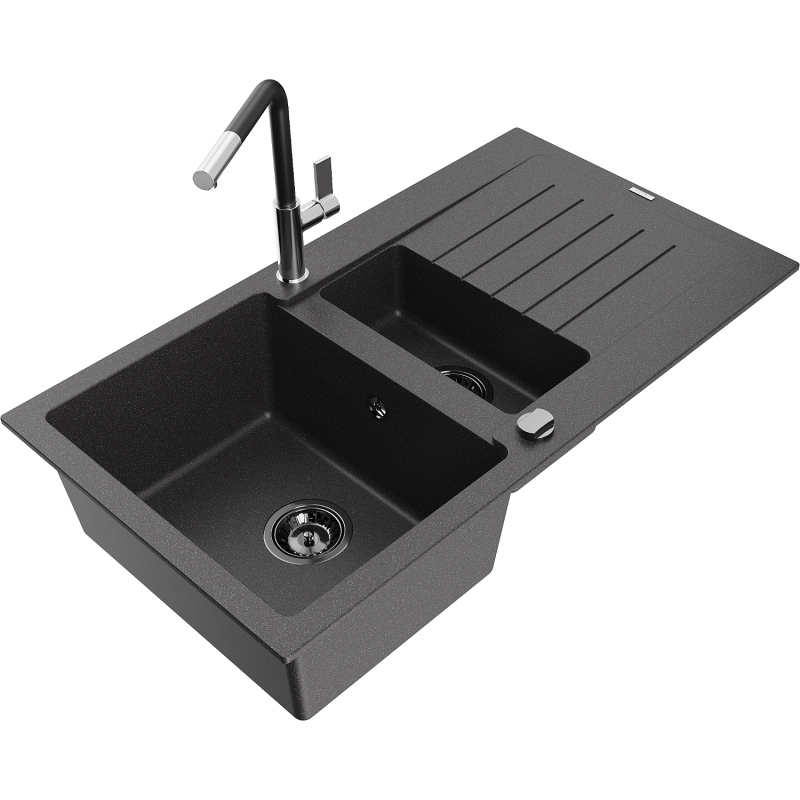 Mexen Matias zlewozmywak granitowy 1,5-komorowy z ociekaczem i baterią kuchenną Flora, czarny nakrapiany - 6502-76-670401-07-B