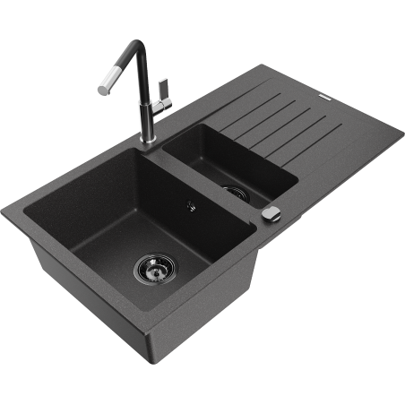 Mexen Matias zlewozmywak granitowy 1,5-komorowy z ociekaczem i baterią kuchenną Flora, czarny nakrapiany - 6502-76-670401-07-B