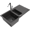 Mexen Matias zlewozmywak granitowy 1,5-komorowy z ociekaczem i baterią kuchenną Flora, czarny nakrapiany - 6502-76-670401-07-B
