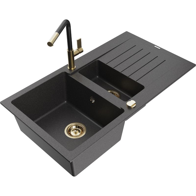 Mexen Matias zlewozmywak granitowy 1,5-komorowy z ociekaczem i baterią kuchenną Flora, czarny nakrapiany - 6502-76-670401-57-G