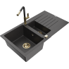 Mexen Matias zlewozmywak granitowy 1,5-komorowy z ociekaczem i baterią kuchenną Flora, czarny nakrapiany - 6502-76-670401-57-G