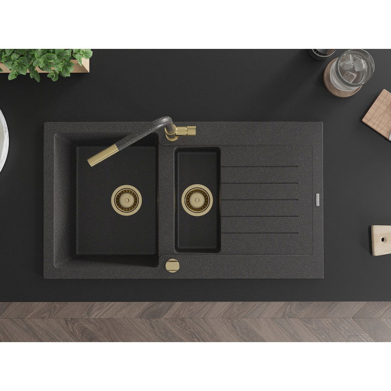 Mexen Matias zlewozmywak granitowy 1,5-komorowy z ociekaczem i baterią kuchenną Flora, czarny nakrapiany - 6502-76-670401-75-G