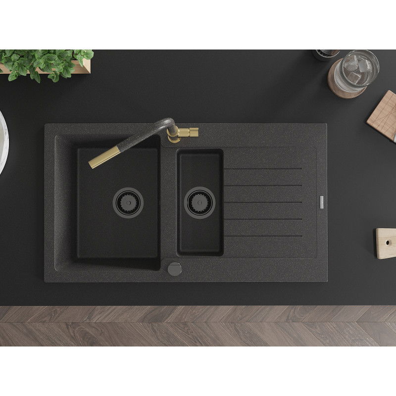 Mexen Matias zlewozmywak granitowy 1,5-komorowy z ociekaczem i baterią kuchenną Flora, czarny nakrapiany - 6502-76-670401-75-B