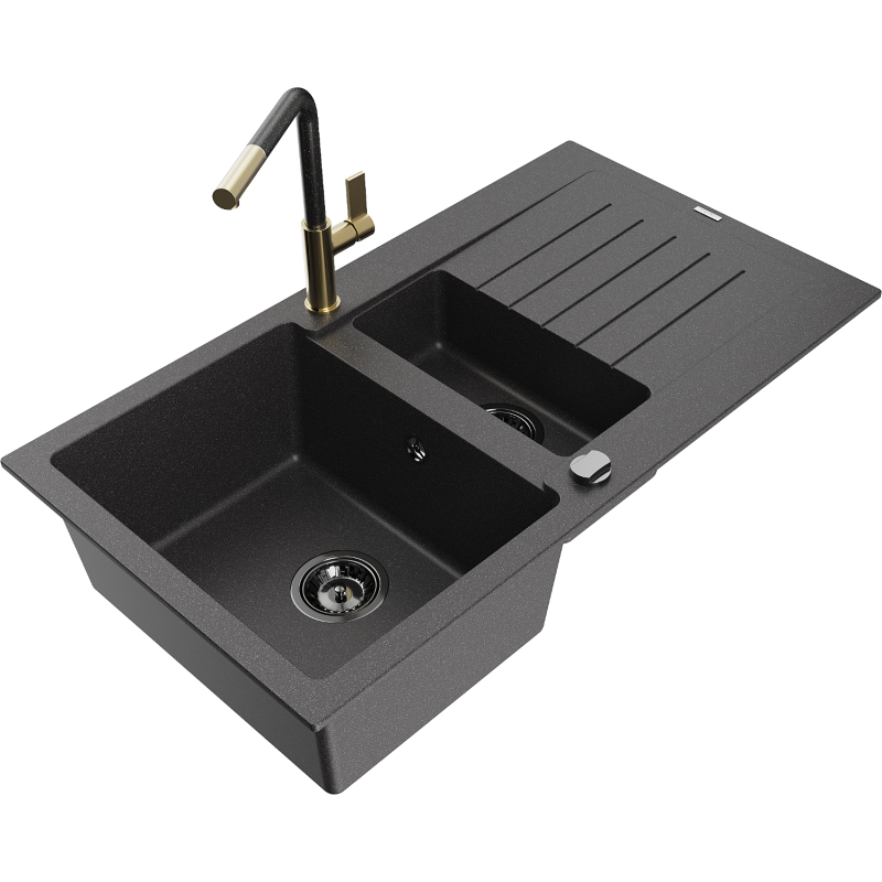Mexen Matias zlewozmywak granitowy 1,5-komorowy z ociekaczem i baterią kuchenną Flora, czarny nakrapiany - 6502-76-670401-75-B