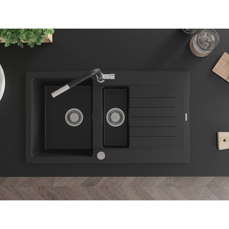 Mexen Matias zlewozmywak granitowy 1,5-komorowy z ociekaczem i baterią kuchenną Flora, czarny  - 6502-77-670401-07