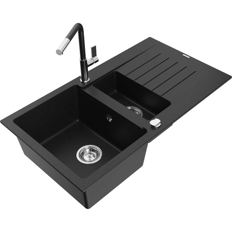 Mexen Matias zlewozmywak granitowy 1,5-komorowy z ociekaczem i baterią kuchenną Flora, czarny  - 6502-77-670401-07