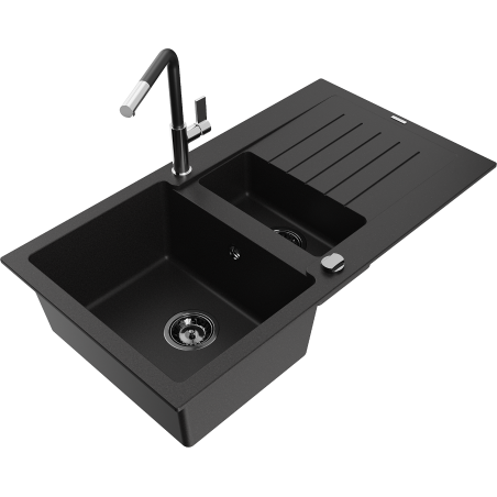 Mexen Matias zlewozmywak granitowy 1,5-komorowy z ociekaczem i baterią kuchenną Flora, czarny  - 6502-77-670401-07-B