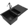 Mexen Matias zlewozmywak granitowy 1,5-komorowy z ociekaczem i baterią kuchenną Flora, czarny  - 6502-77-670401-07-B