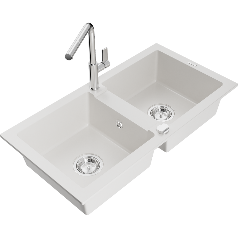 Mexen Mario zlewozmywak granitowy 2-komorowy z baterią kuchenną Flora, biały - 6504-20-670401-00