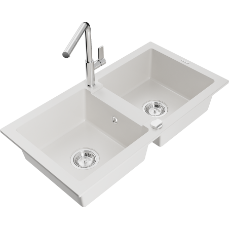 Mexen Mario zlewozmywak granitowy 2-komorowy z baterią kuchenną Flora, biały - 6504-20-670401-00