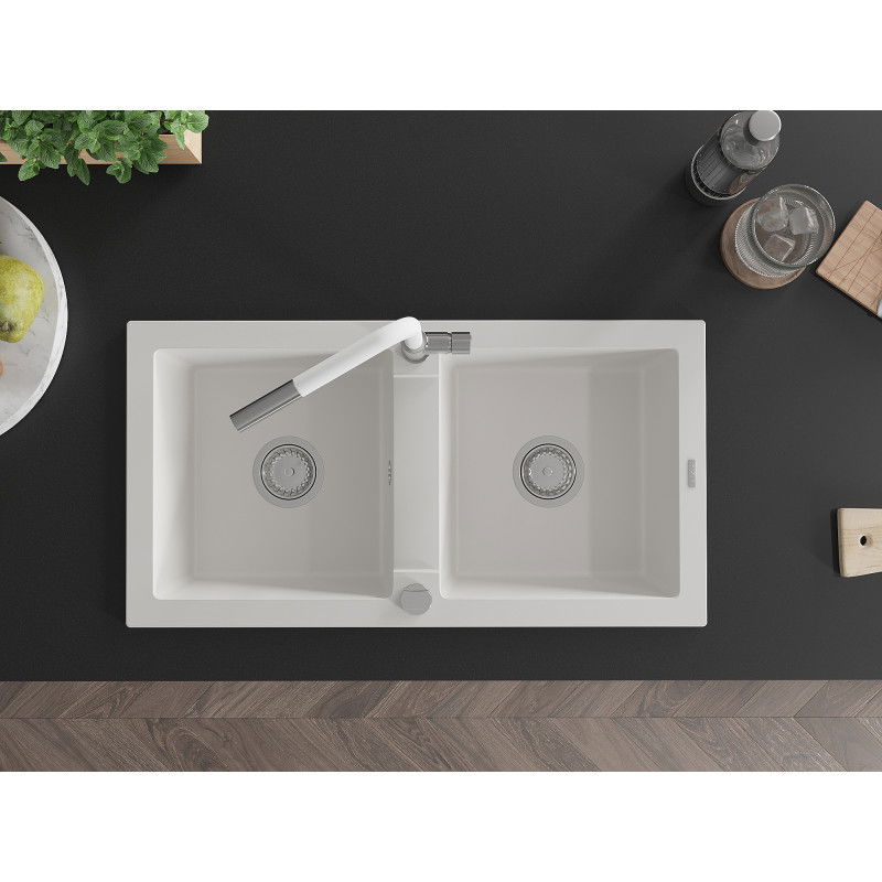 Mexen Mario zlewozmywak granitowy 2-komorowy z baterią kuchenną Flora, biały - 6504-20-670401-02