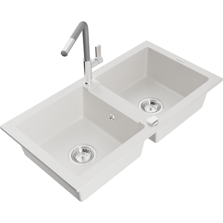Mexen Mario zlewozmywak granitowy 2-komorowy z baterią kuchenną Flora, biały - 6504-20-670401-06