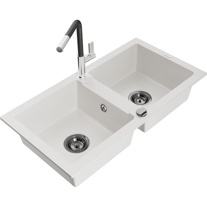 Mexen Mario zlewozmywak granitowy 2-komorowy z baterią kuchenną Flora, biały - 6504-20-670401-07-B