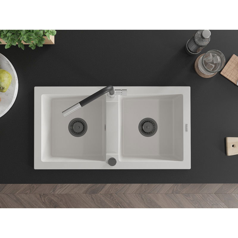Mexen Mario zlewozmywak granitowy 2-komorowy z baterią kuchenną Flora, biały - 6504-20-670401-07-B