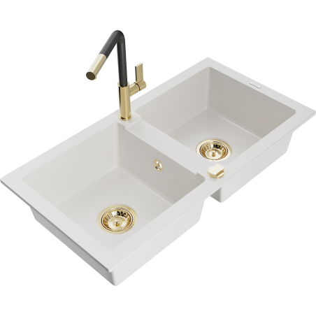 Mexen Mario zlewozmywak granitowy 2-komorowy z baterią kuchenną Flora, biały - 6504-20-670401-57-G