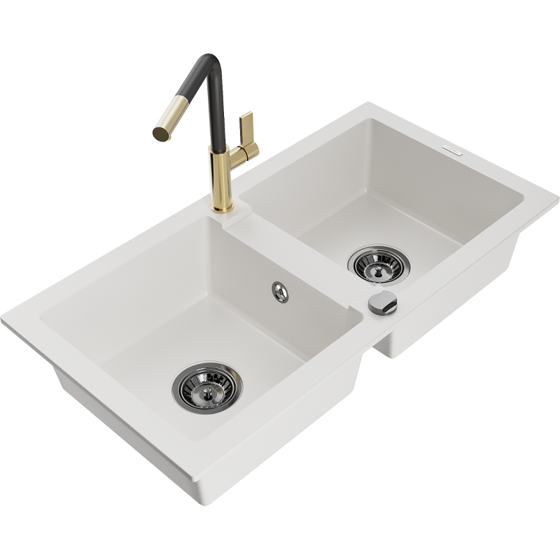 Mexen Mario zlewozmywak granitowy 2-komorowy z baterią kuchenną Flora, biały - 6504-20-670401-57-B